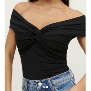 Reformation Ezlynn Knit Black Off-Shoulder Blouse
